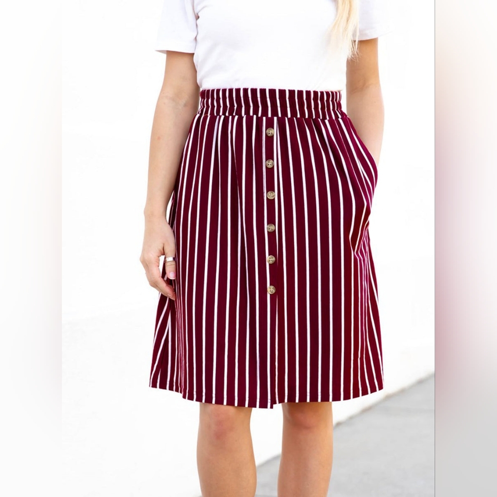 Tickled Teal Button Detail Striped Charlotte Skirt Small Burgundy White Modest